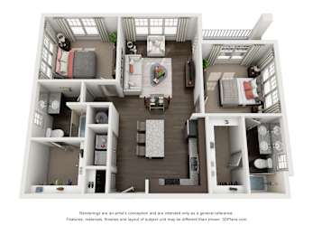 A 3D floor plan of a house with a kitchen, living room, dining room, and two bedrooms.