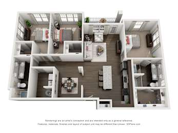 A 3D floor plan of a house with a kitchen, living room, and bedrooms.