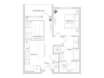 A floor plan of a home with a living room, dining room, kitchen, bathroom, bedroom and walk-in closet.