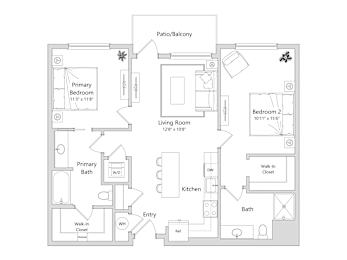 A floor plan of a home with a living room, two bedrooms, a kitchen, and a bathroom.