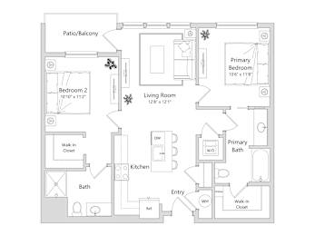 A floor plan of a house with a living room, two bedrooms, a bathroom, a kitchen, and a walk-in closet.