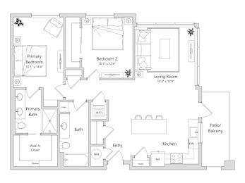 A floor plan of a house with a primary bedroom, a living room, a kitchen, a bathroom, and a patio/balcony.