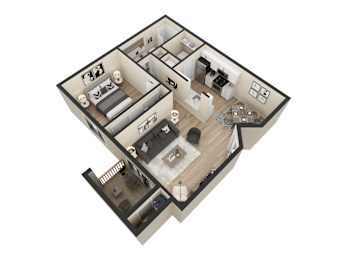 A 3D floor plan of a house with a kitchen, living room, and bedrooms.