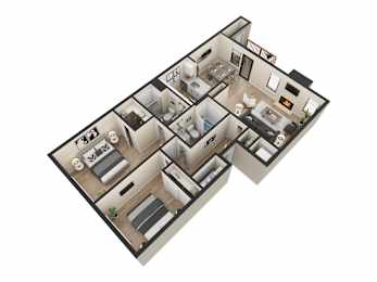 A 3D floor plan of a house with multiple rooms.