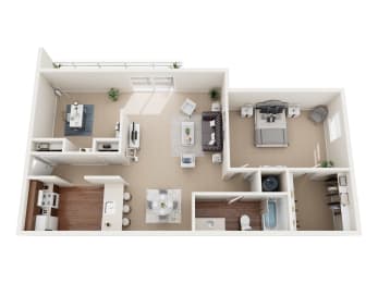 a stylized floor plan with a bedroom and a living room