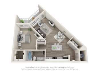 A 3D floor plan of a house with a kitchen, living room, and bathroom.