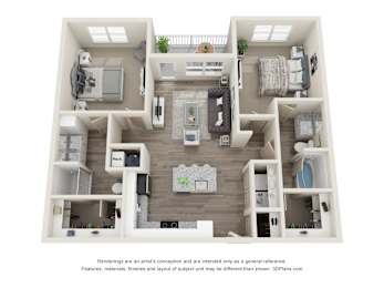 A 3D floor plan of a house with a kitchen, living room, and two bedrooms.