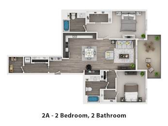 A floor plan of a 2 bedroom, 2 bathroom apartment.