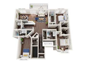 A 3D floor plan of an apartment with dimensions and "Open to Below" label.