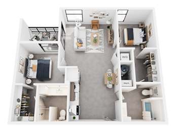 A top-down view of a small apartment with a kitchen, living room, and bathroom.