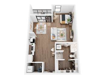 A top down view of a small apartment with a kitchen, living room, and bathroom.