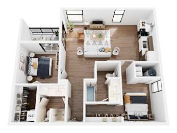 A top-down view of a small apartment with a kitchen, living room, and bathroom.