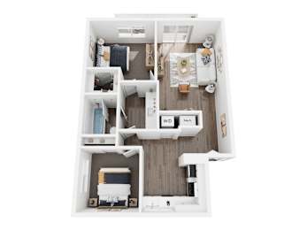 A top down view of a small apartment with a kitchen, living room, and bathroom.