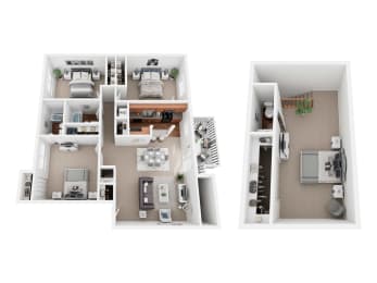a stylized floor plan with two bedrooms and a bathroom