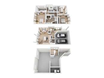 A floor plan of a two-story apartment with a garage.
