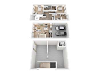 A top-down view of a two-story apartment with a living room, kitchen, and bedrooms.