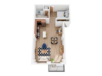 A top down view of a small apartment with a kitchen, living room, and bathroom.