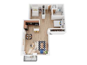 A top down view of a small apartment with a kitchen, living room, and bathroom.