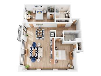 A top down view of a modern apartment with a living room, dining area, kitchen, and bedrooms.