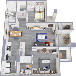 A 3D floor plan of a house with multiple rooms and furniture.