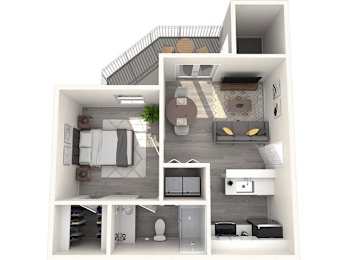 A 3D floor plan of a small apartment with a kitchen, living room, and bathroom.