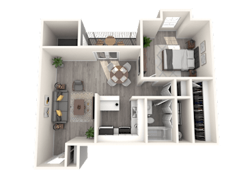 A 3D rendered image of a house layout.