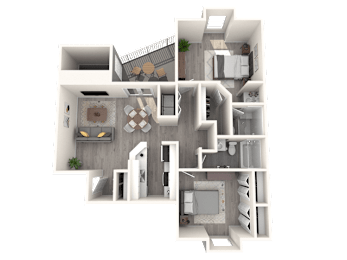 A 3D floor plan of a house with a kitchen, living room, and bathroom.