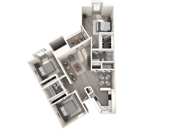 A 3D floor plan of a multi-level residential building.