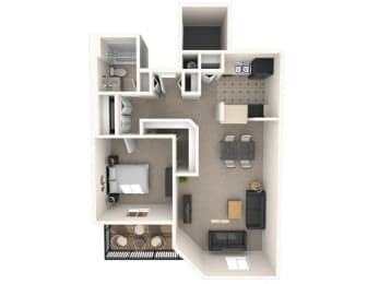 a stylized floor plan with a bedroom and a living room