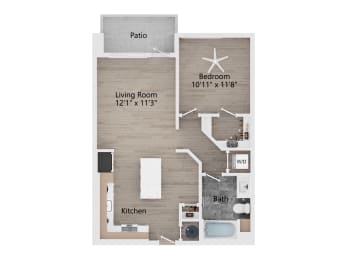 a floor plan of a studio apartment with a bedroom and a living room