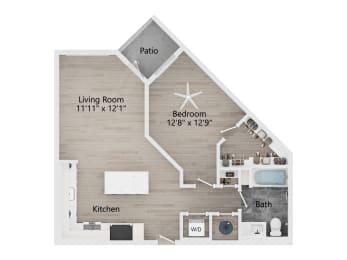 a floor plan of a living room with a bedroom and a kitchen