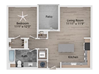 a floor plan of a living room with a bedroom and a kitchen