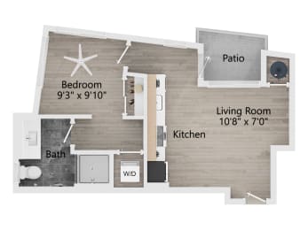 a floor plan of a living room with a bedroom and a kitchen
