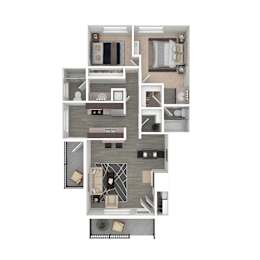 A floor plan of a house with a kitchen, living room, dining room, and two bedrooms.