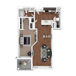 A floor plan of a house with a kitchen, living room, and two bedrooms.