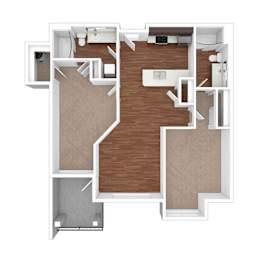 A 3D floor plan of a house with a central hallway.