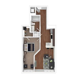 A top down view of a house layout with a kitchen, living room, and bathroom.