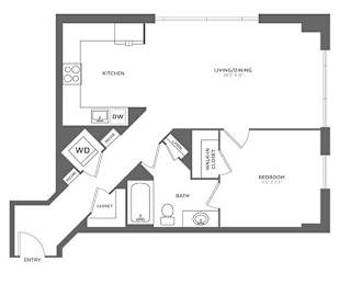 A floor plan of a home with a kitchen, living/dining area, bedroom, bathroom, closet, and entry.