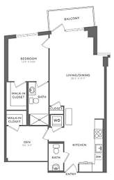 A black and white image of a house floor plan with a balcony, two bedrooms, a living/dining area, a kitchen, a bathroom, and two walk-in closets.