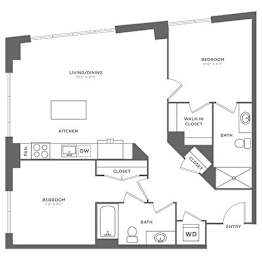 A black and white floor plan of a house with a living room, dining room, kitchen, and two bedrooms.