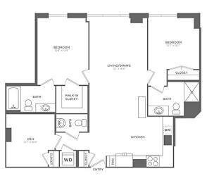 A black and white image of a house floor plan with two bedrooms, a living/dining area, a kitchen, a den, a walk-in closet, and a coat closet.