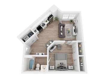 A top-down view of a house interior with a kitchen, living room, and bathroom.