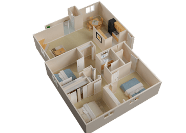 A 3D model of a house with multiple rooms and furniture.