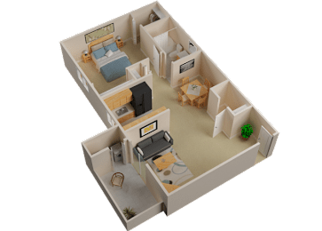 A 3D model of a house layout with two bedrooms, a living room, a kitchen, and a bathroom.