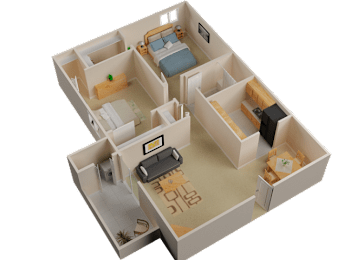 A 3D model of a house with a bedroom, living room, and kitchen.