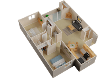 A 3D model of a house with multiple rooms and furniture.