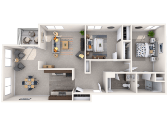 a 3d rendering of a bedroom floor plan of a 2100 sq ft apartment