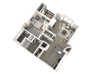 A 3D rendered image of a house layout.
