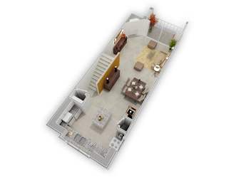 A top-down view of a house layout with a living room, dining room, kitchen, and two bedrooms.