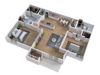 a 3d floor plan of a house with a bedroom and a living room